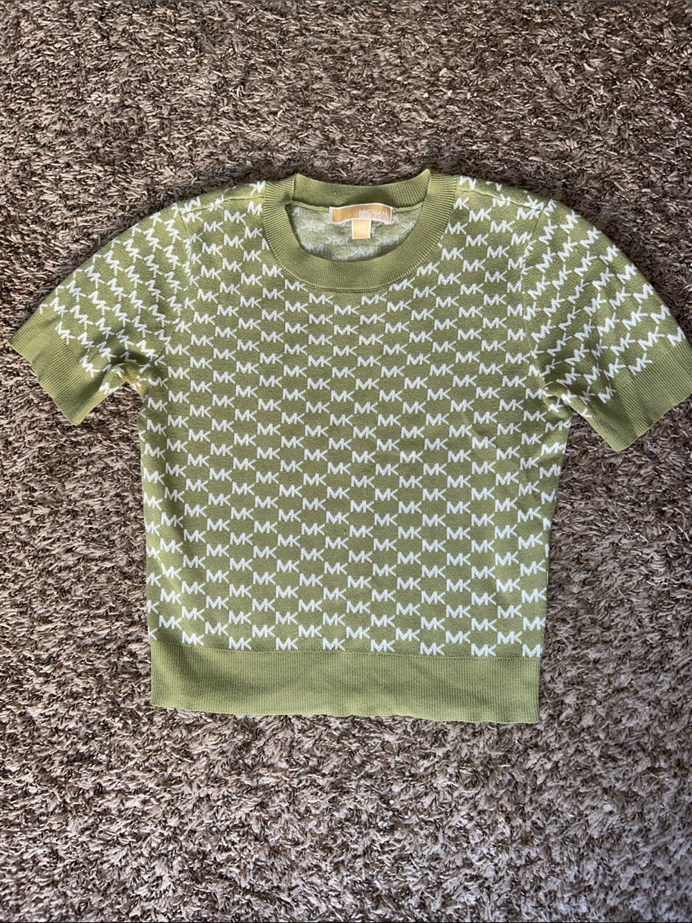 Michael Kors Knit Short Sleeve Logo Top - Green & White - Women’s Size Small